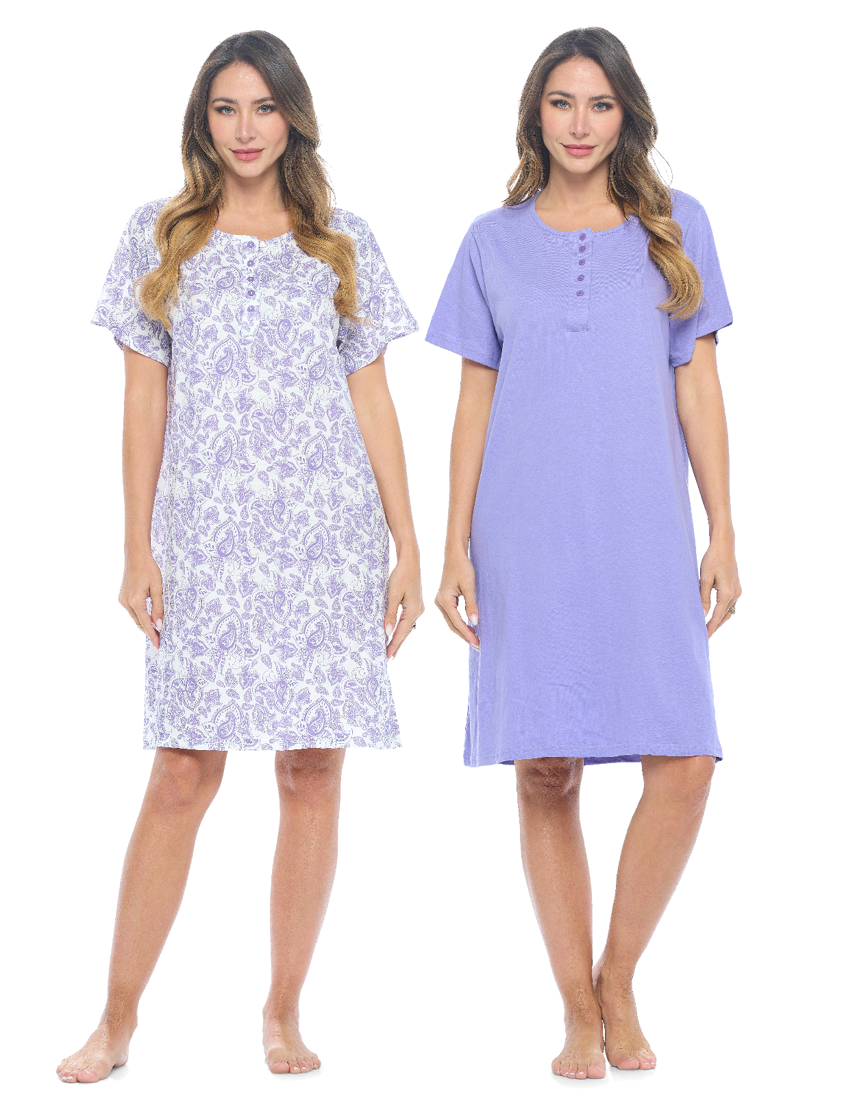 Casual Nights Women's Henley Nightshirts Set of 2, Floral Short Sleeve Nightgowns \u0026 Solid Sleepwear Shirt